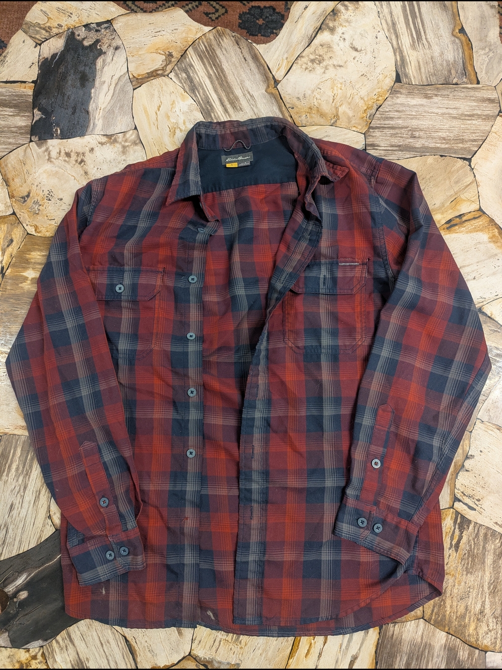Eddie Bauer Red and Navy Plaid Casual Button-Down Shirt